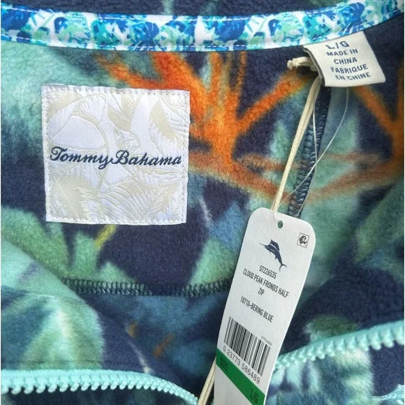 NWT Tommy Bahama Cloud Peak Frounds Bering Blue Half Zip Tropical L Pullover A-4